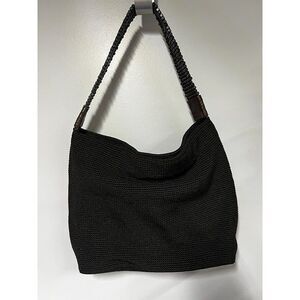 The Sak Black Purse Beaded Strap Handle Knit Fabric Zip Closure Classic Handbag